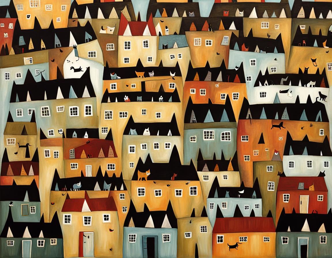 Charming Cat Village Art by Debbie Criswell