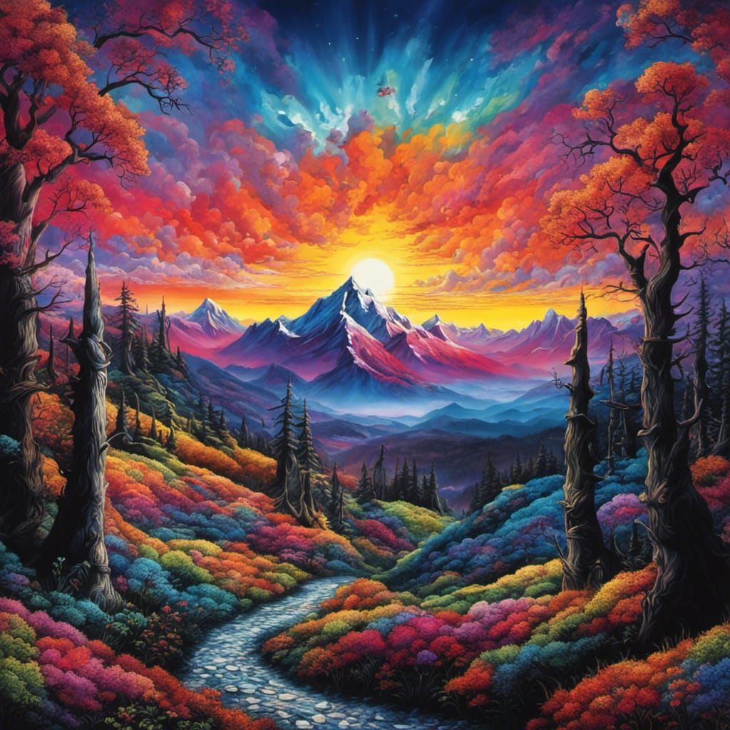 Gothic Sunrise Over Snowy Mountains in Graffiti Art Style