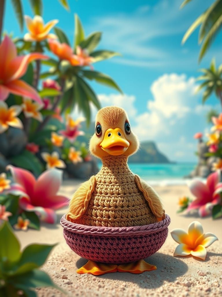 Crochet Duck in Tardis on Beach, Klimt-Inspired