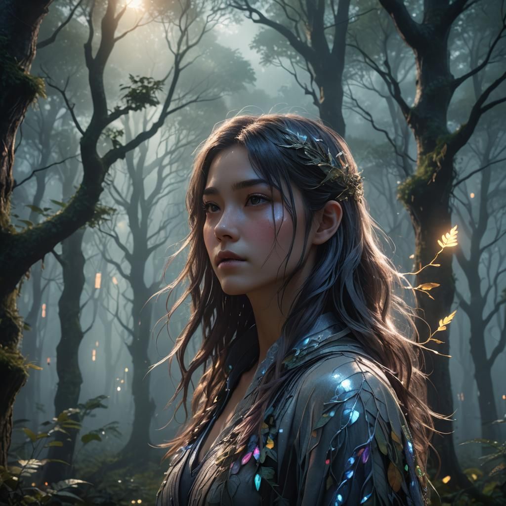 Mysterious Woman in Ethereal Forest, Anime Concept Art