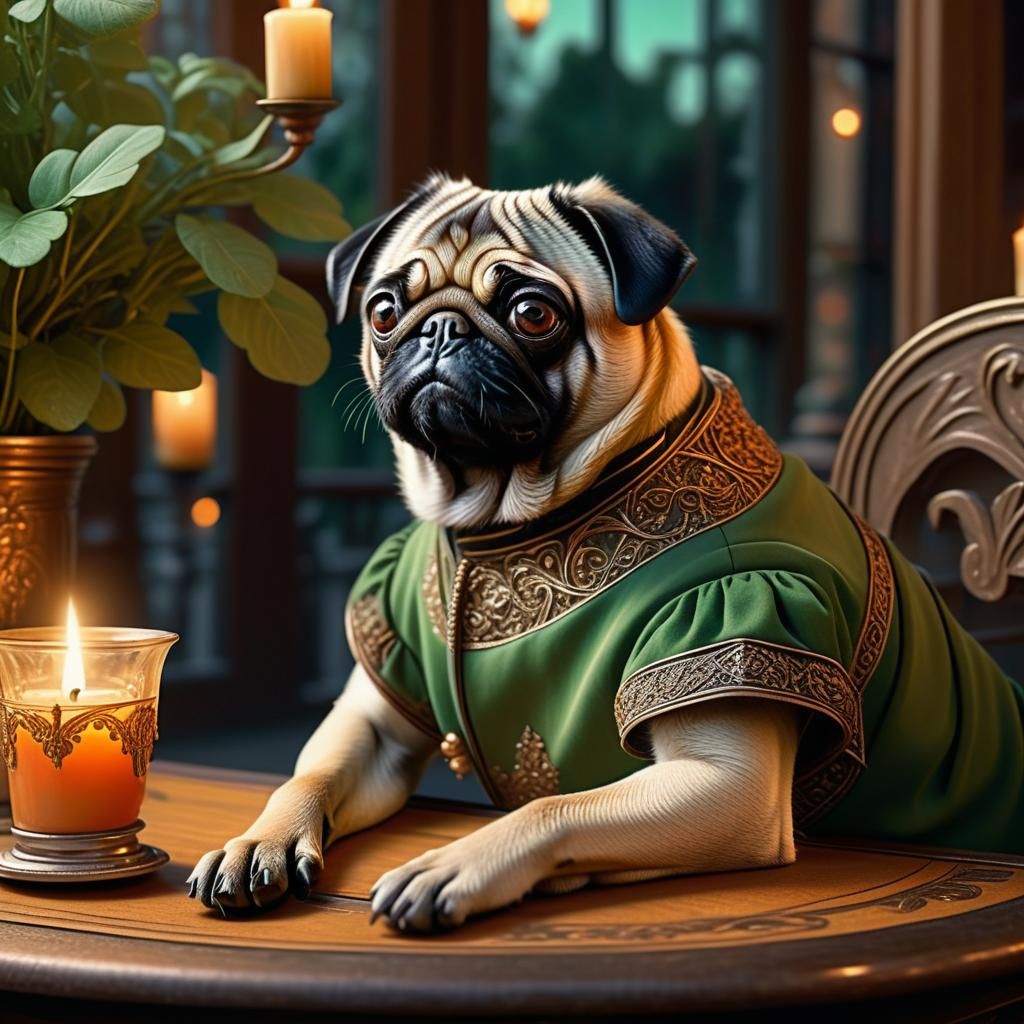Renaissance Pug in Art Deco Tavern, Matte Painting