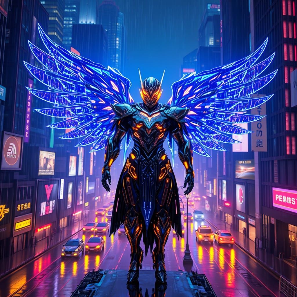 Cyberpunk Angelic Warrior in Rain-Soaked Cityscape