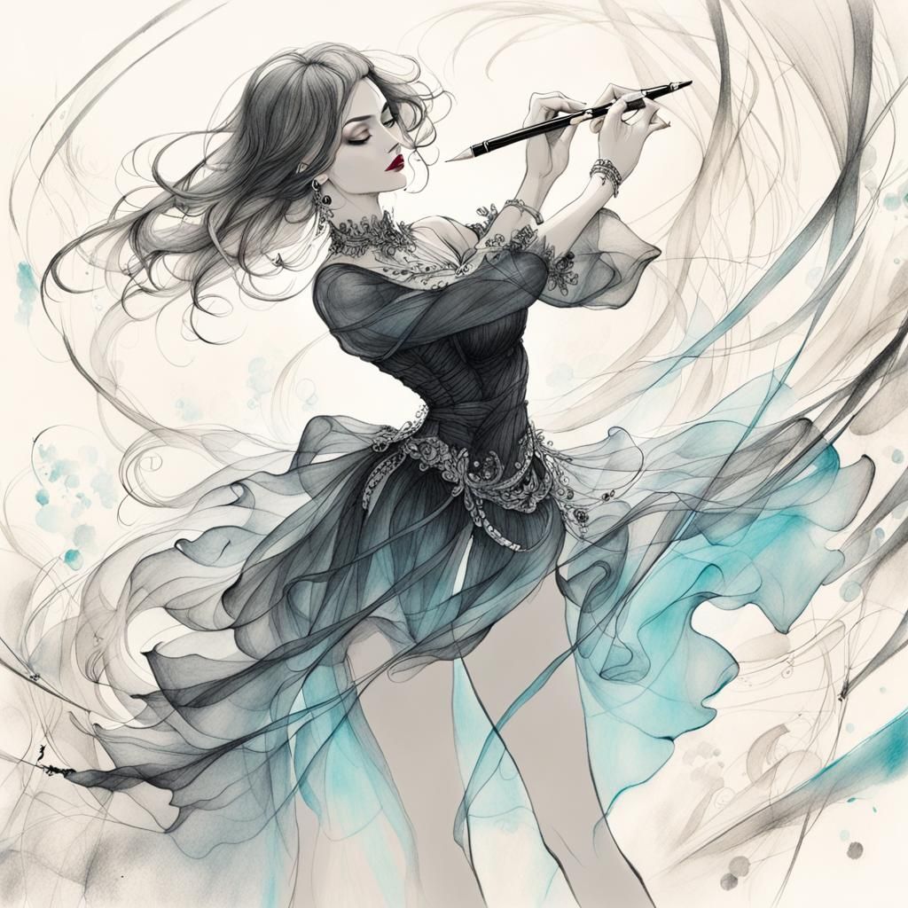 Young Woman Pole Dancing in Delicate Pencil Sketch