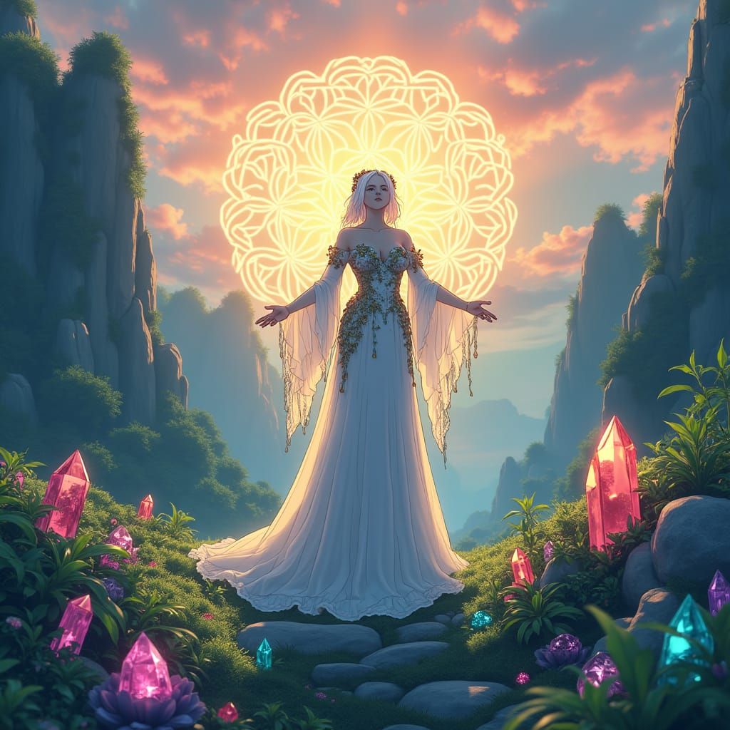 Ethereal Crystal Being in Ghibli-Inspired Landscape