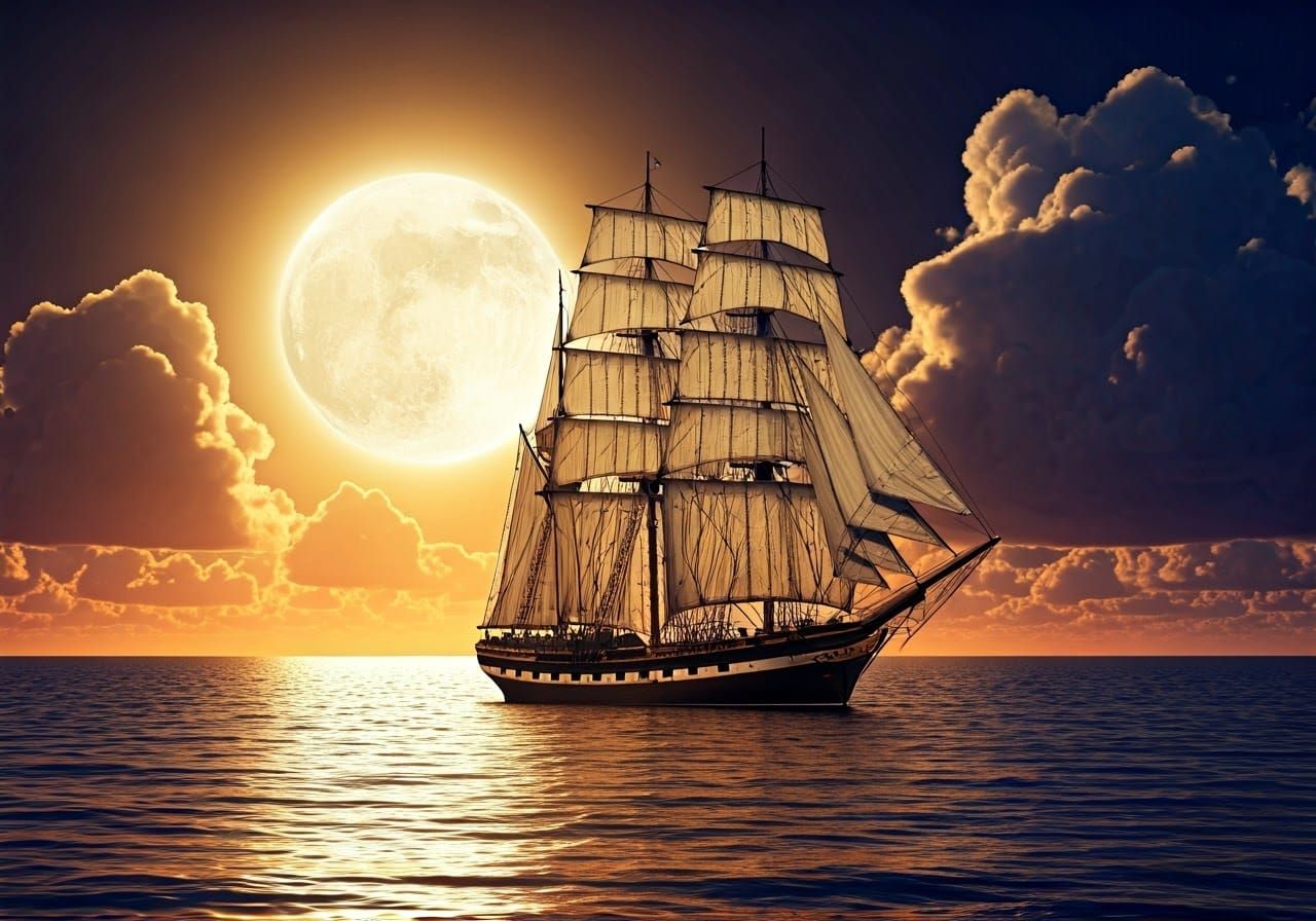Vintage Sailing Ship Under Full Moon Illumination in a Roman...