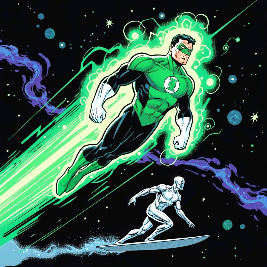 Green Lantern flying inside of a green beam of light, throug...