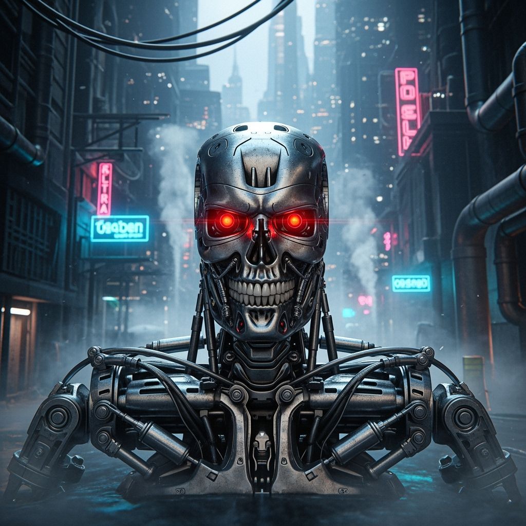 Cyberpunk Terminator Skull with Glowing Eyes
