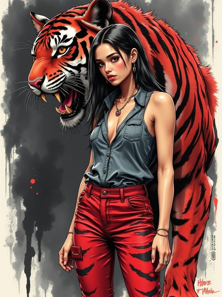 Woman and Sabre-Toothed Tiger in Watercolour Painting