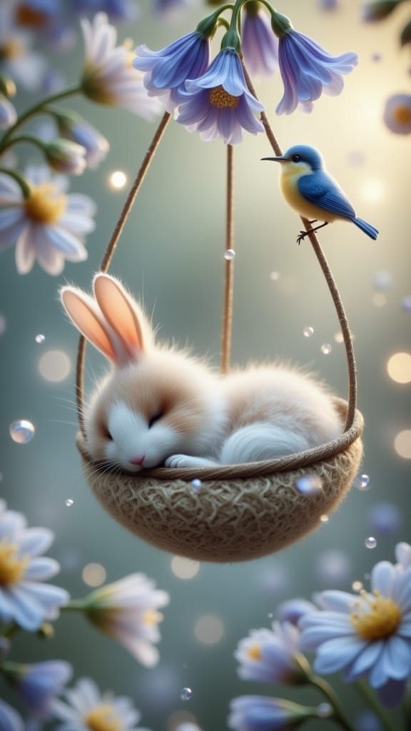 Bunny Sleeping in Bluebell Flower, Whimsical Art