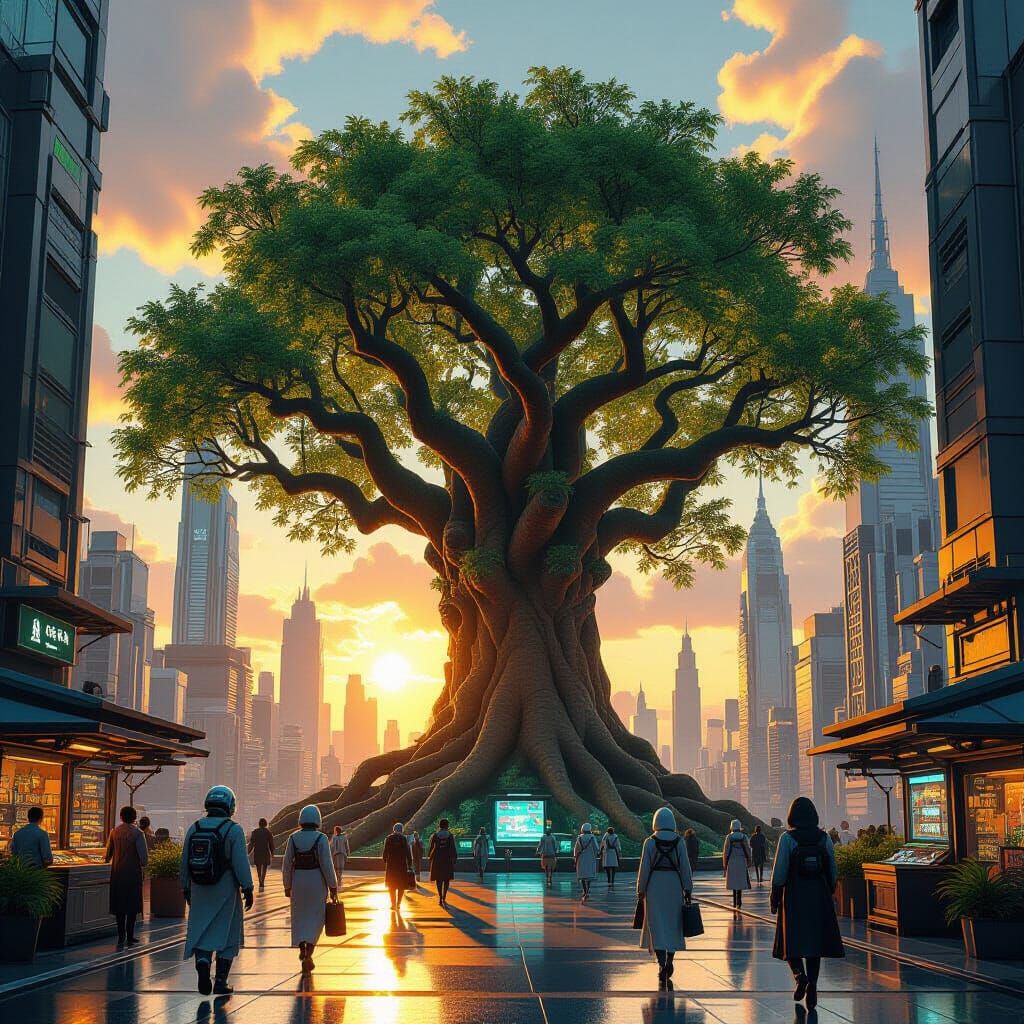 Banyan Tree in Cyberpunk Cityscape Concept Art