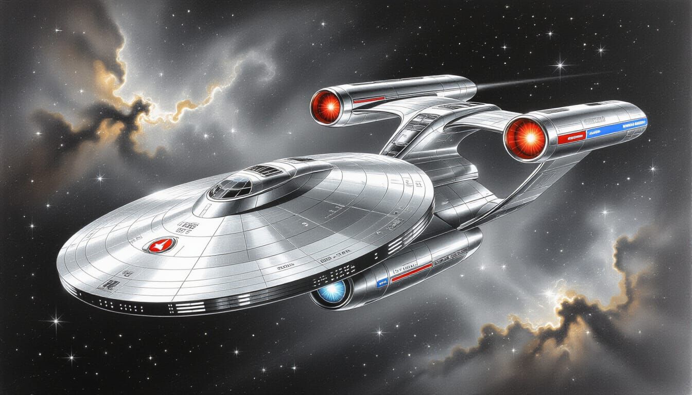 Starship Enterprise Silverpoint Drawing in Deep Space