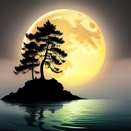 Eldritch Full Moon Over Mountain and Sea