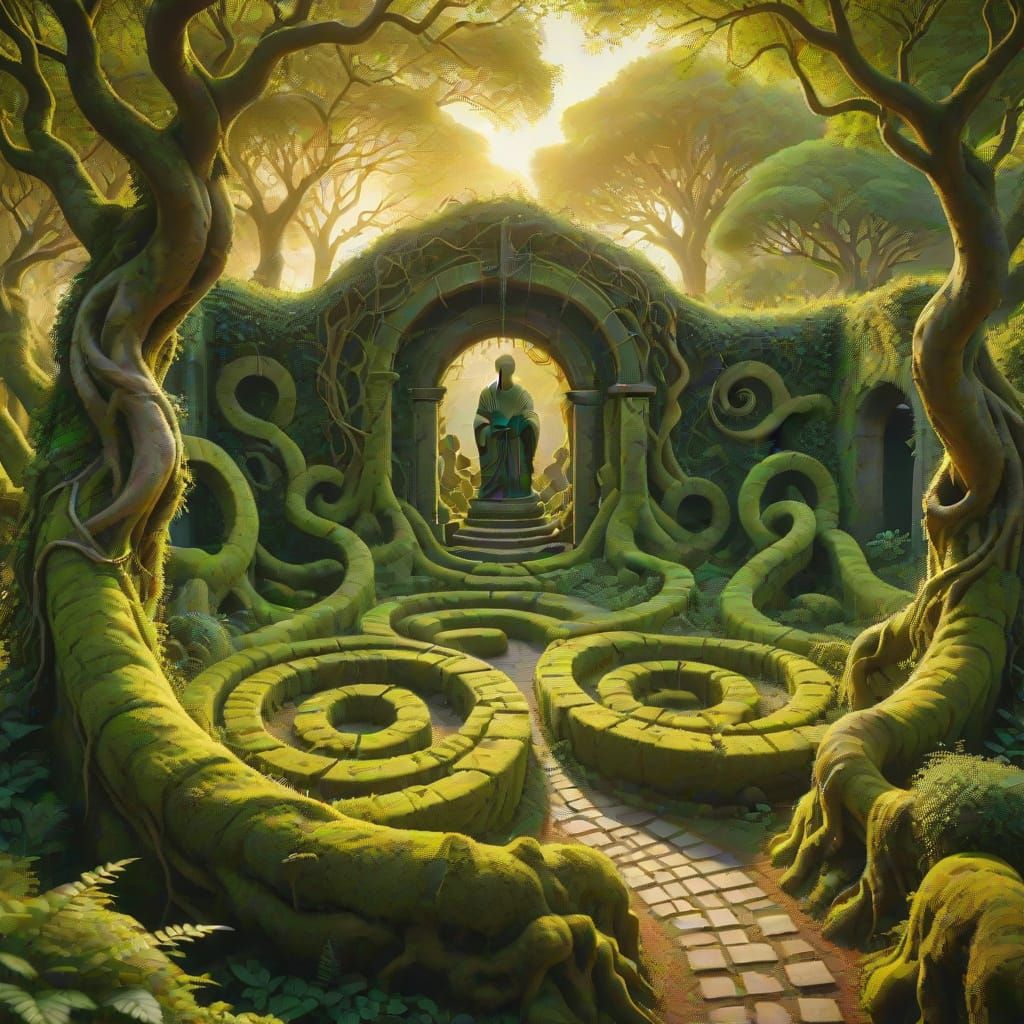 Surreal Hedge Labyrinth with Hidden Statues in Oil