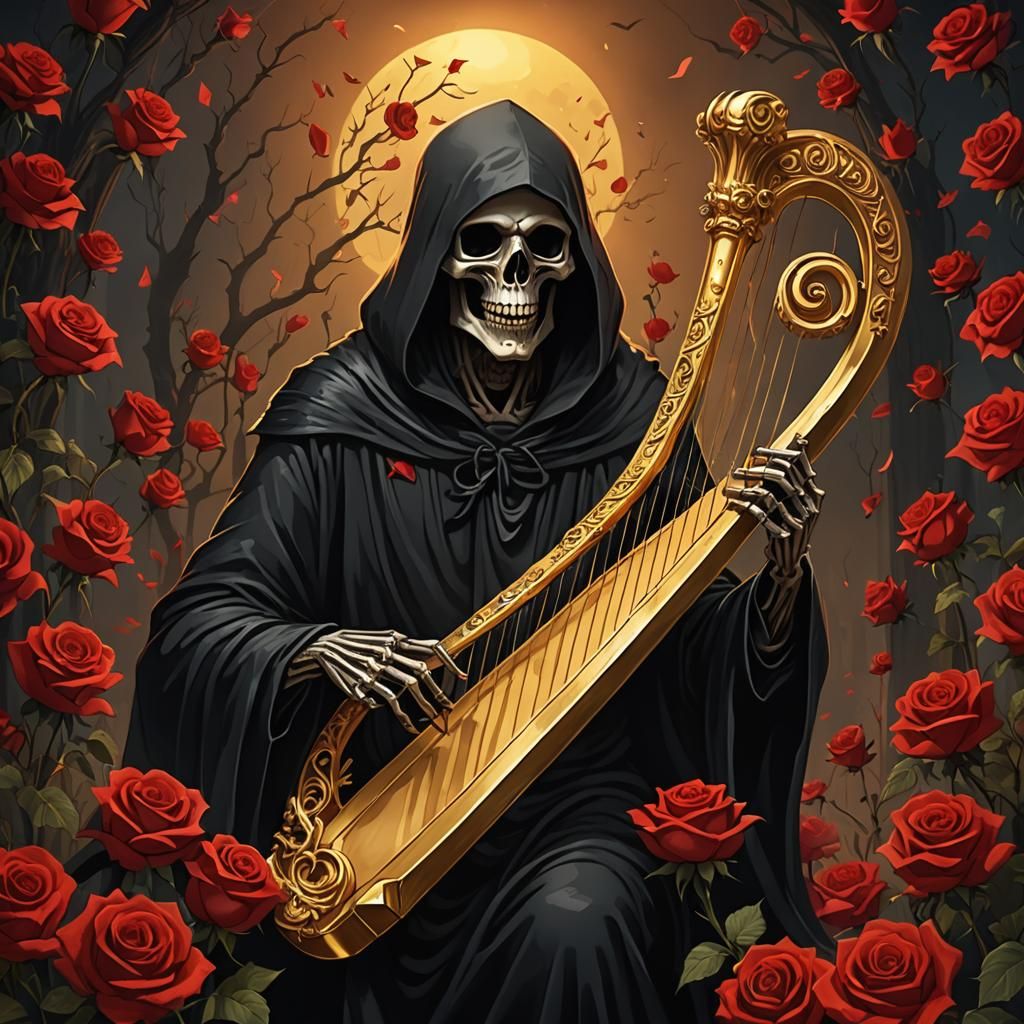 Cartoon Grim Reaper Plays Harp in Horror Setting