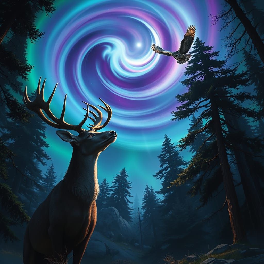 Majestic Stag and Owl Under Enchanted Aurora