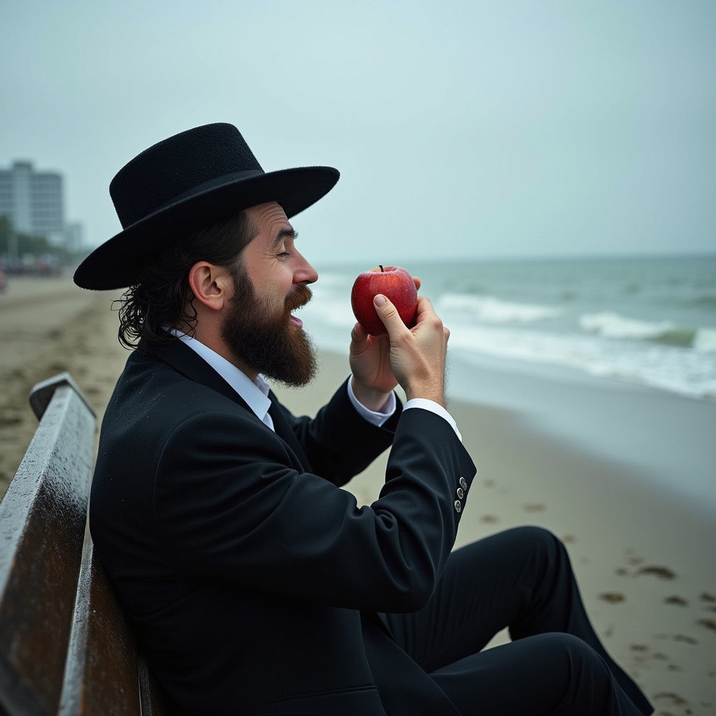 Jewish Man Eats Apple on Rainy Beach in High Definition