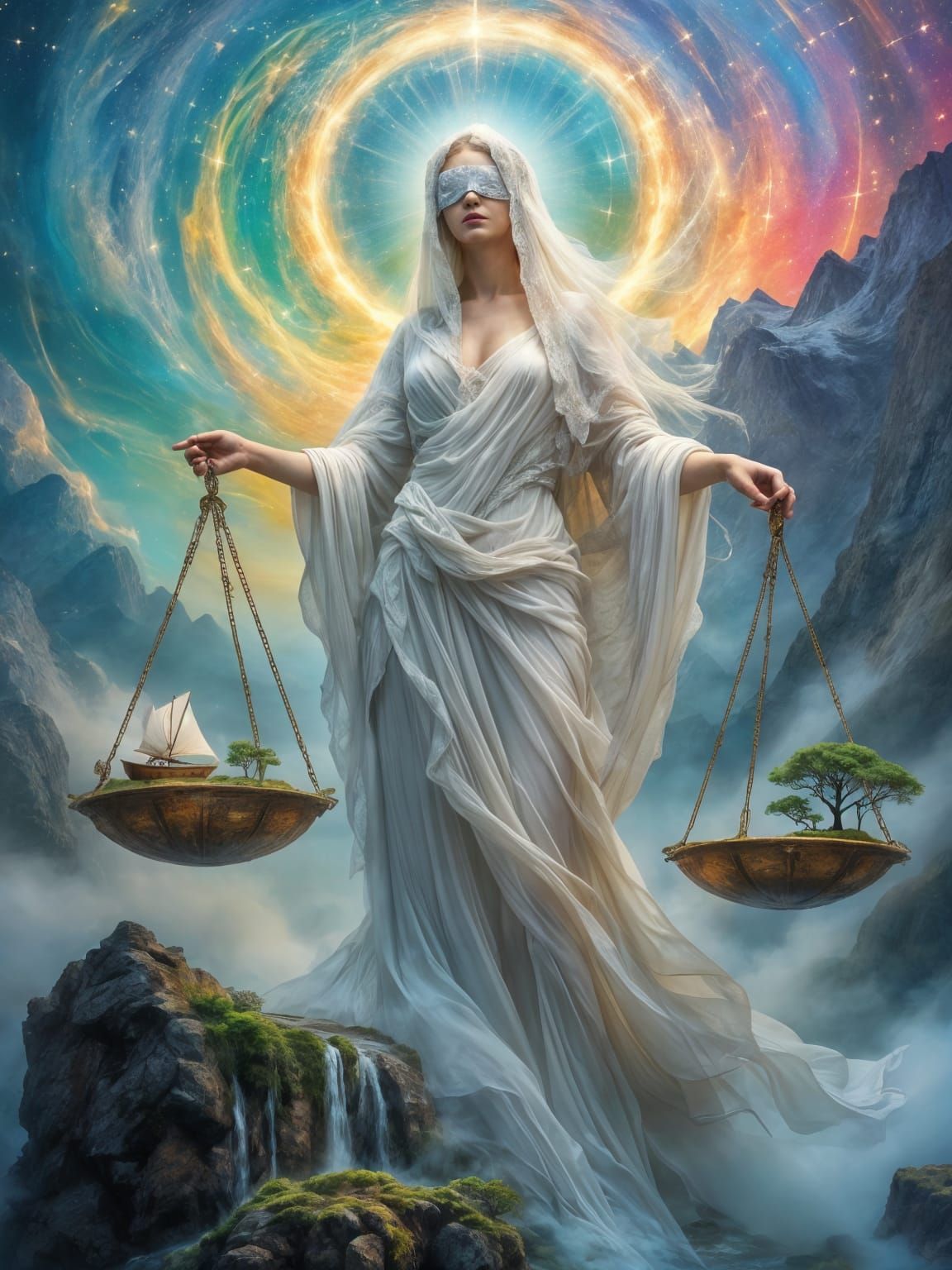 Goddess Themis in Vibrant, Cinematic Linework Style