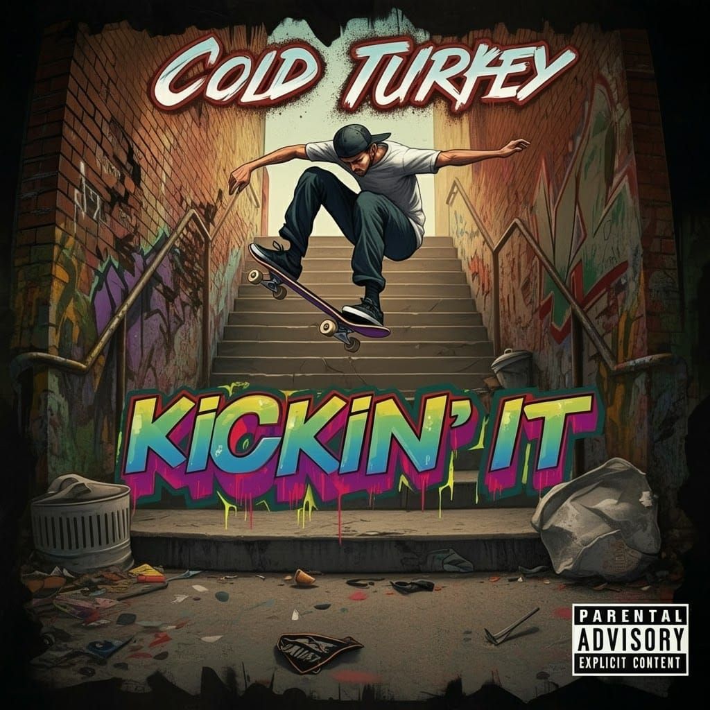 Skateboarder's Kickflip in 90s Urban Graffiti Art