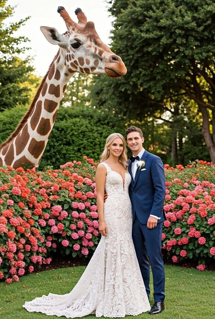 Giraffe Photobombs Bride and Groom Wedding Photo