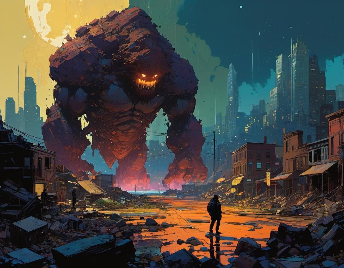 Dystopian Landscape with Colossal Monster in Pixel Art