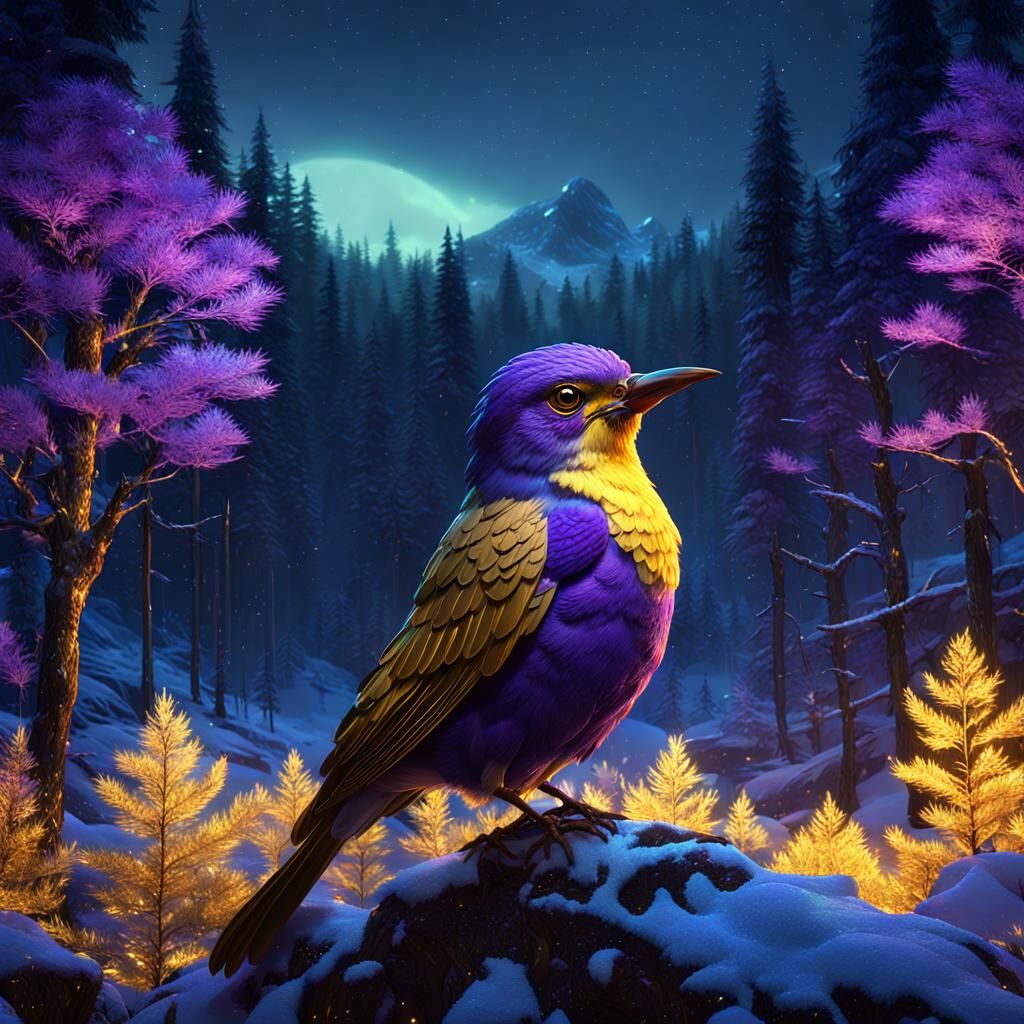 Icy Bird in Sparkling Forest: Dark Fantasy Art
