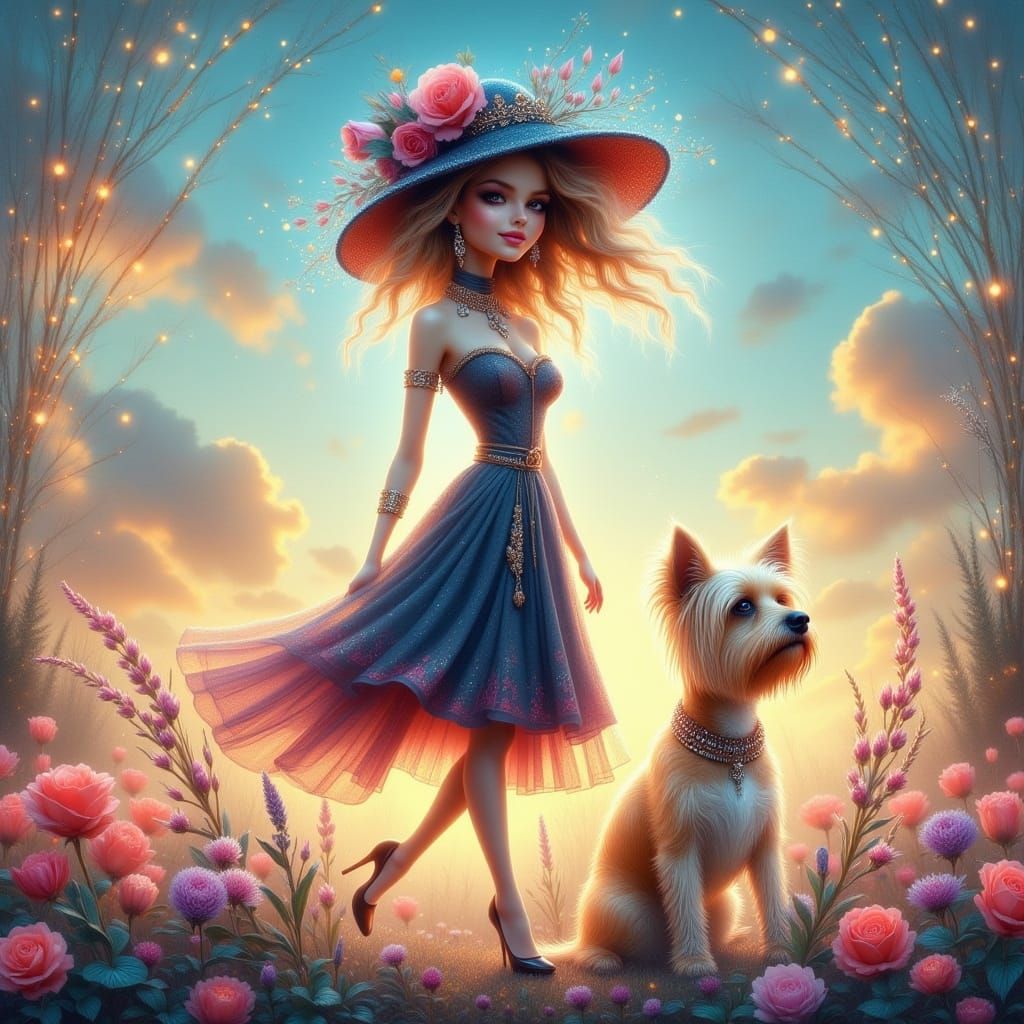 Fashionable Lady and Dog Whimsical Caricature