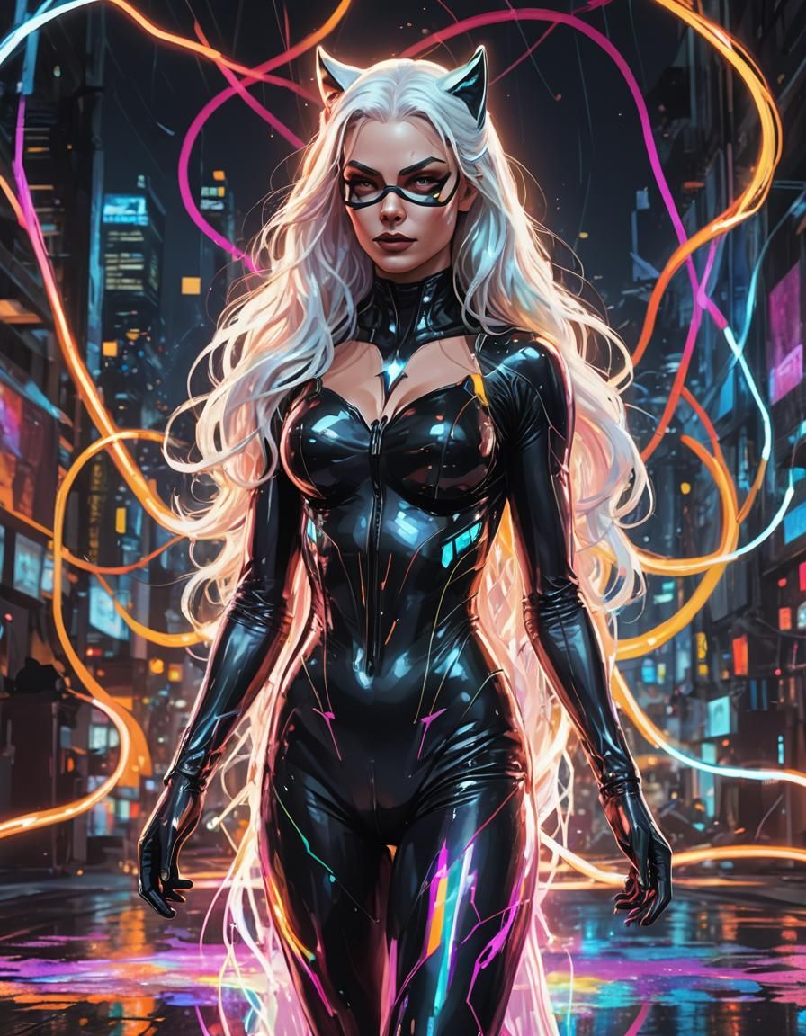 Nude Catwoman Comic Character in Neon Fantasy Art