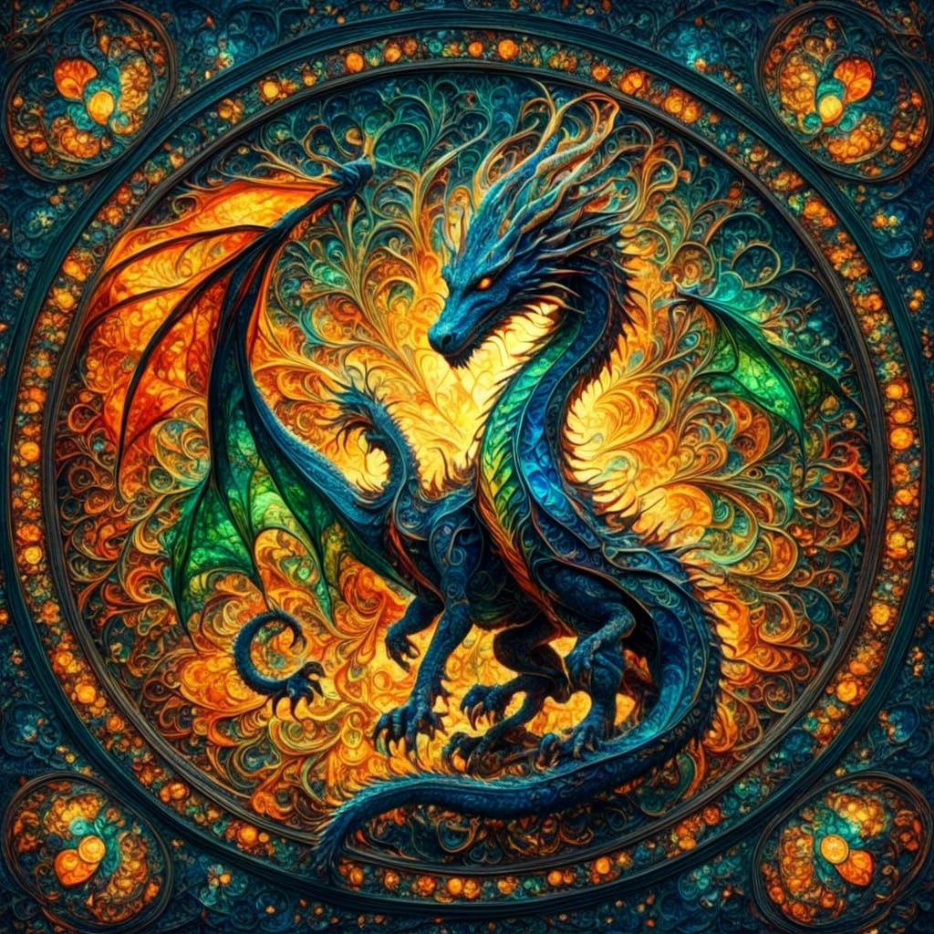 Fire Breathing Dragon in Stained Glass Style