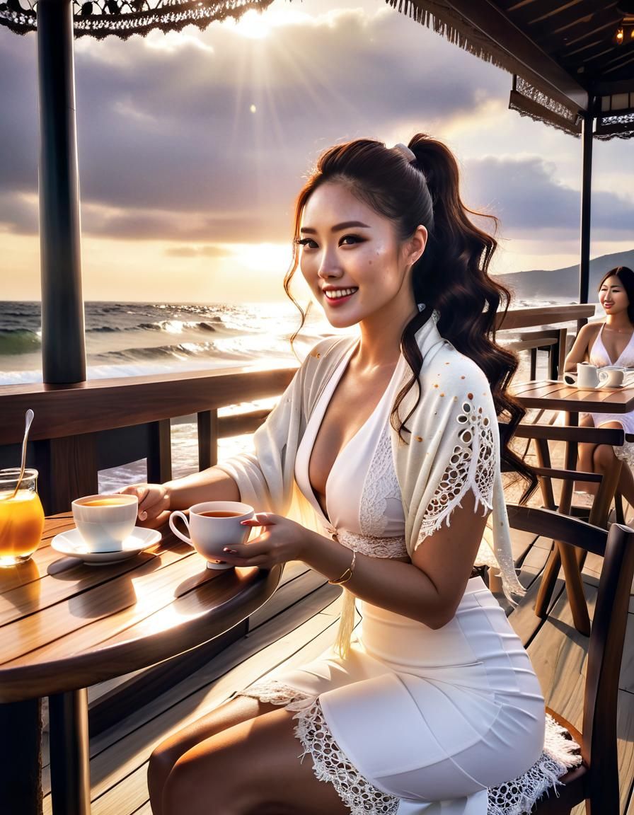 Korean Woman in Cafe: Chiaroscuro Oil Painting