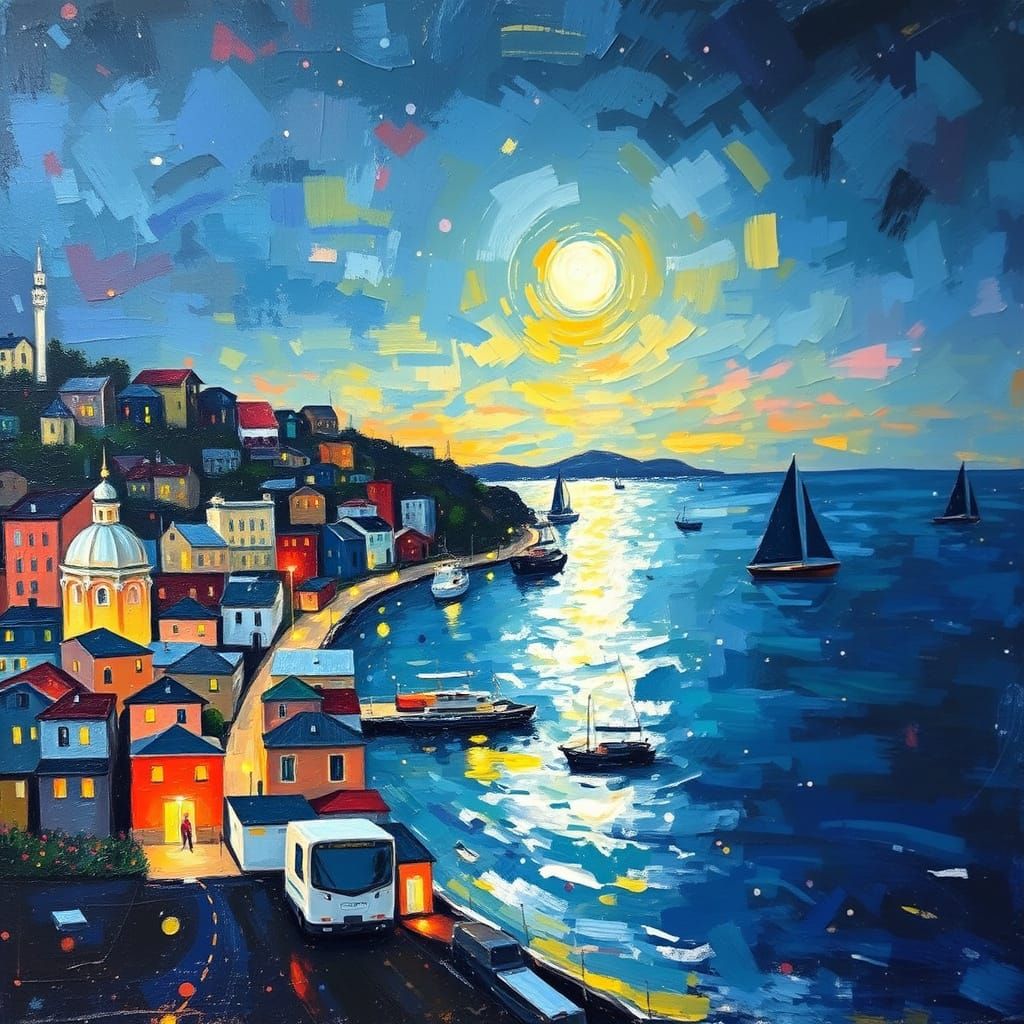 Cityscape by the Sea in Neo-Impressionist Style