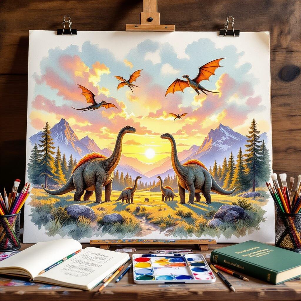 Prehistoric Landscape Painting at Sunrise in Watercolor