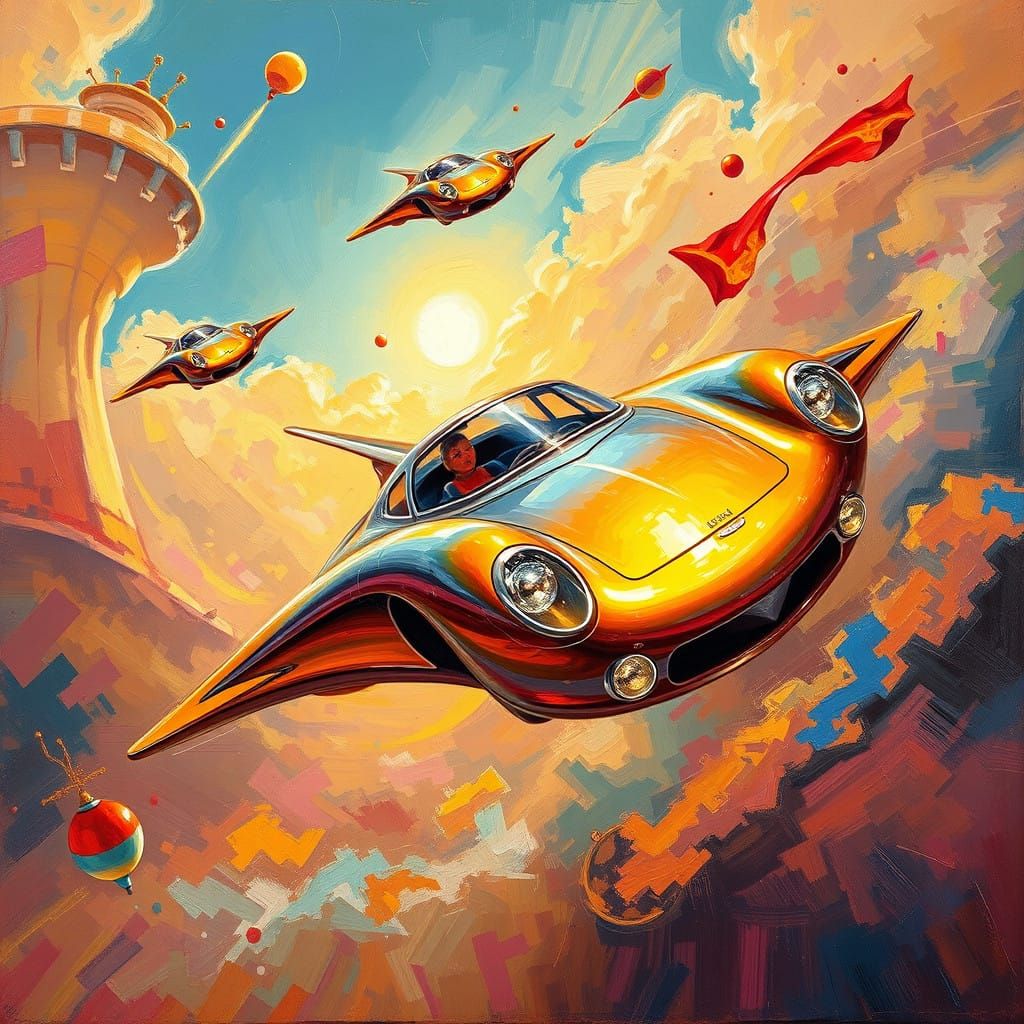 Retro-Futuristic Flying Autos in Vibrant Neo-Impressionist S...