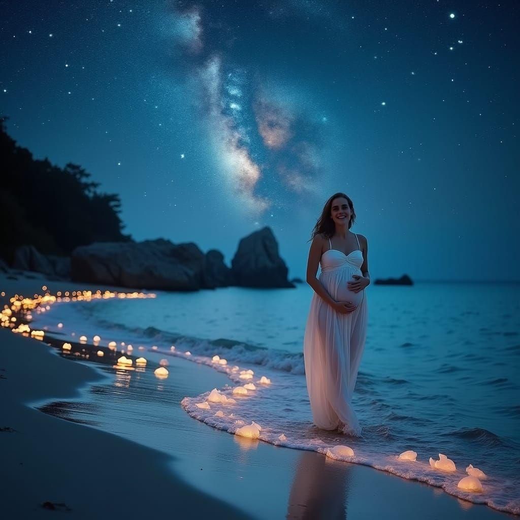 Pregnant Woman Walks on Bioluminescent Beach Under Milky Way
