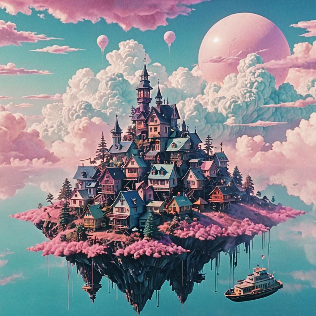 Dreamcore Village Island in Misty Dreamscape