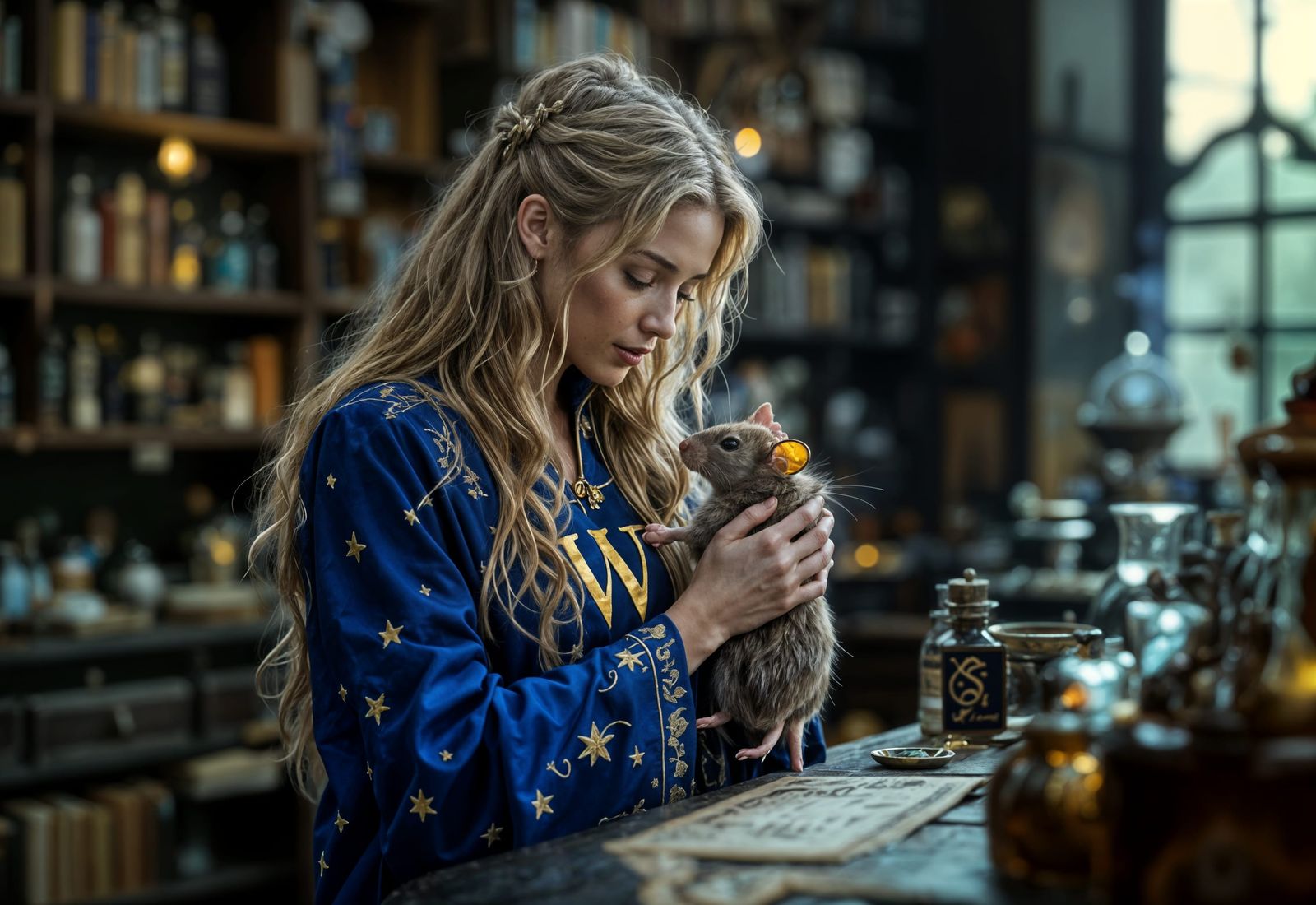 Wizard Cuddles Rat in Magic Shop: Photorealistic Image