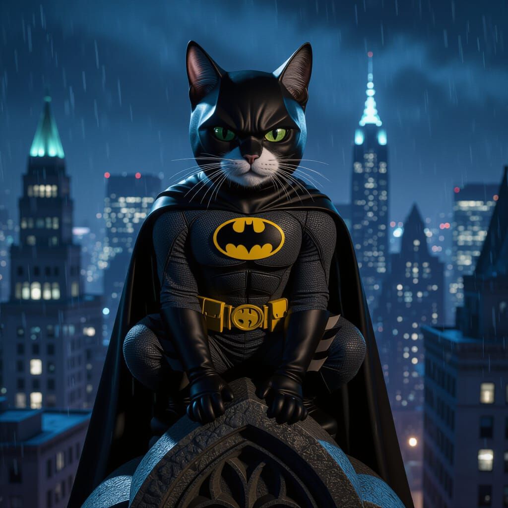 Cat as Batman on Gargoyle in Gotham