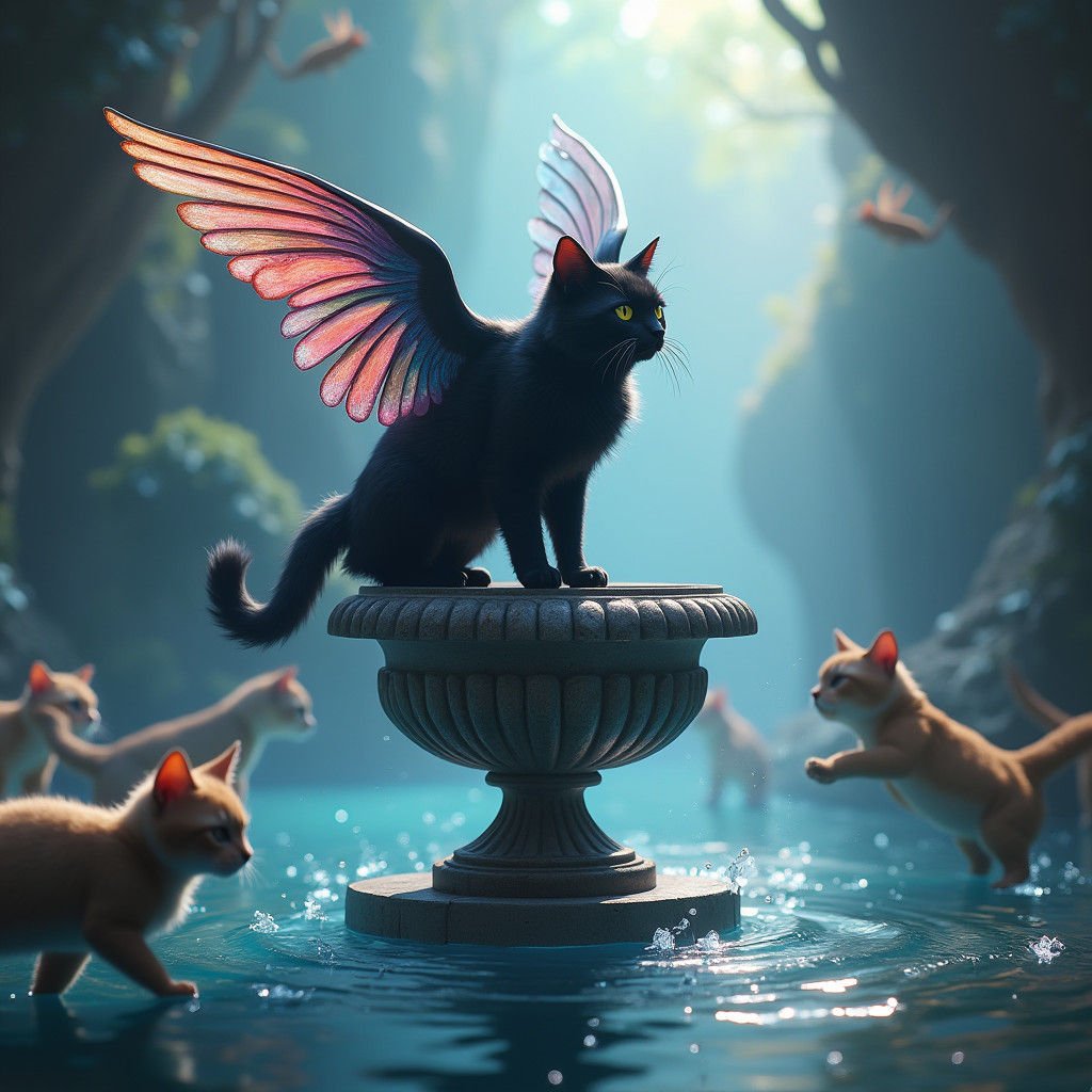Winged Black Cat Above Cat Urn: Fantasy Art