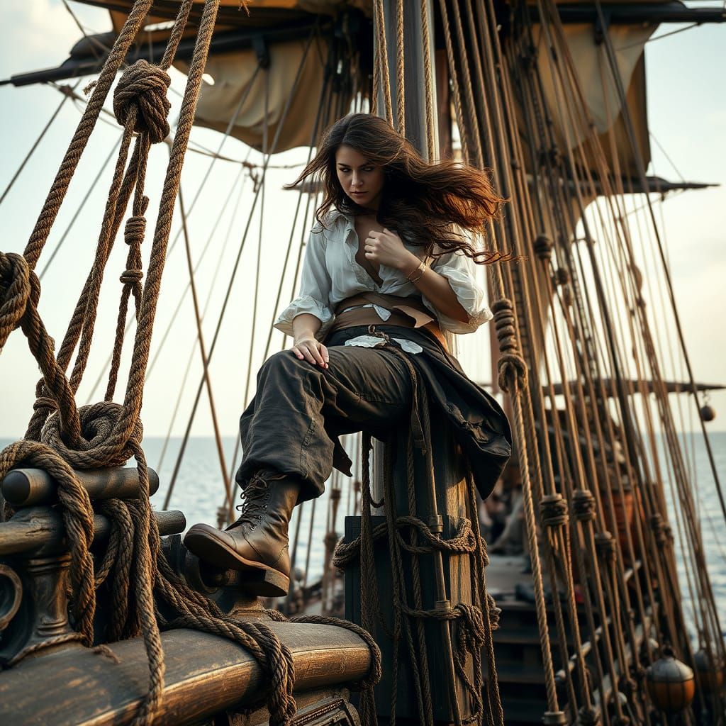 Weathered Pirate Climbs Majestic Sailing Ship