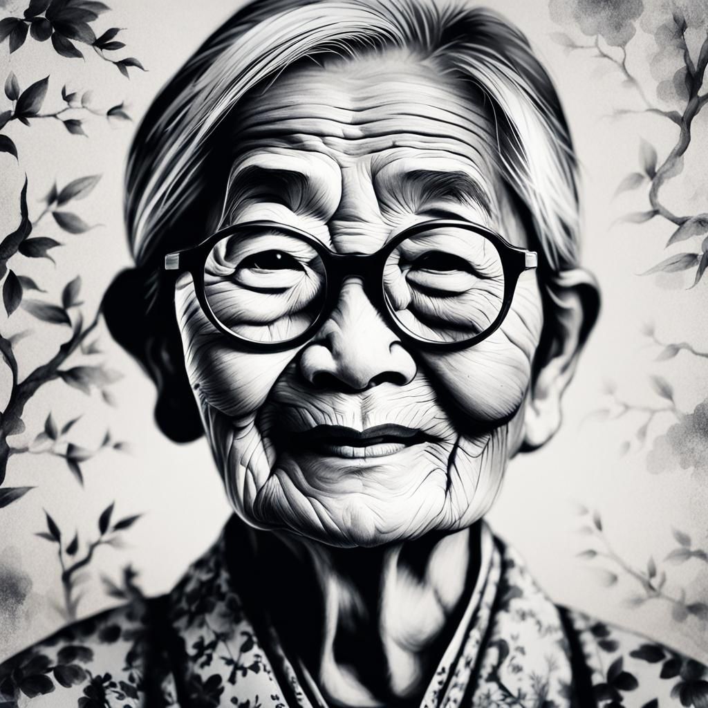 Detailed Ink Portrait of Peaceful Asian Woman