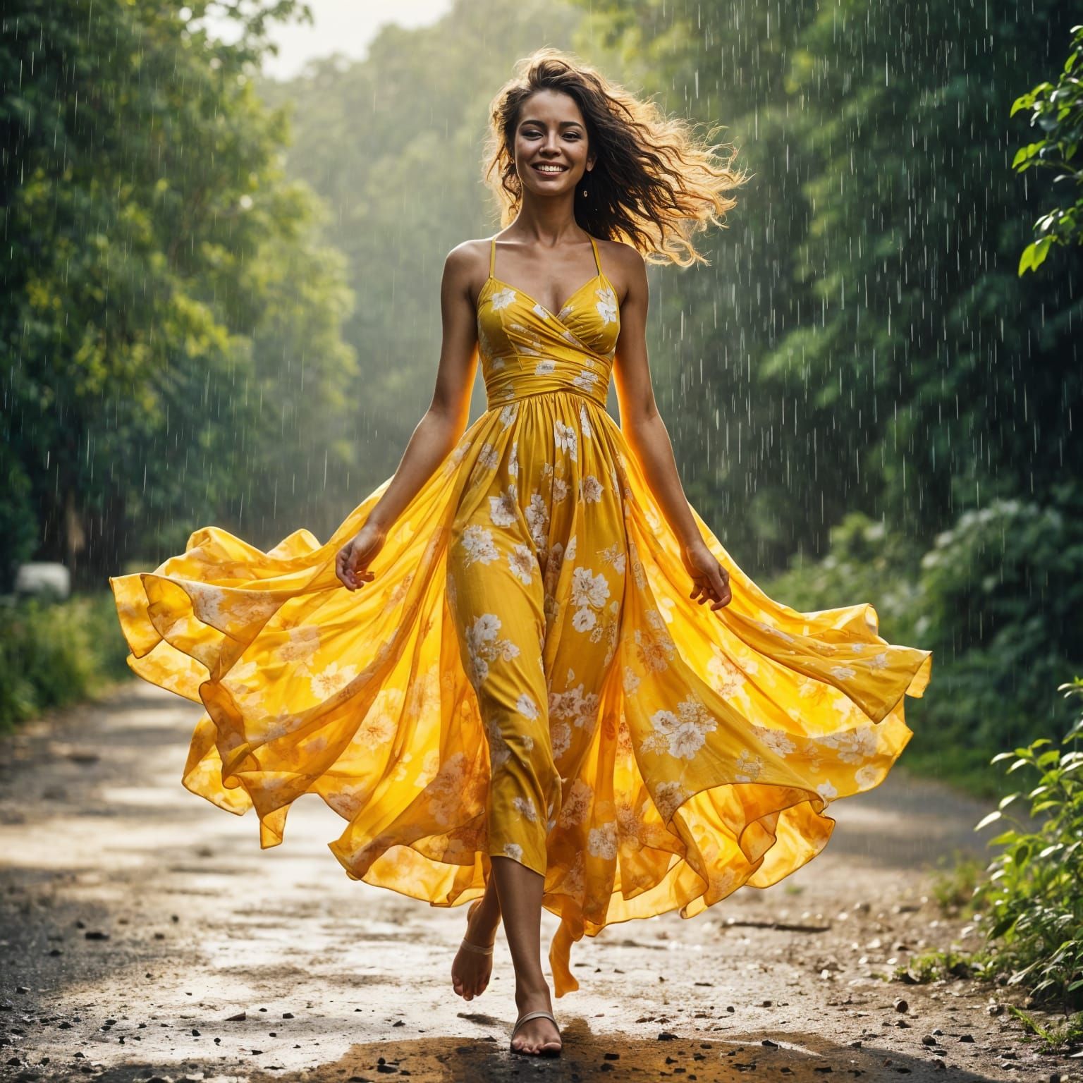 Joyful Woman Dancing in Rain, Pop Art Style