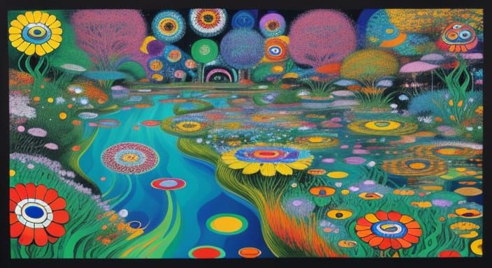 Psychedelic Garden with Geometric Blooms and River