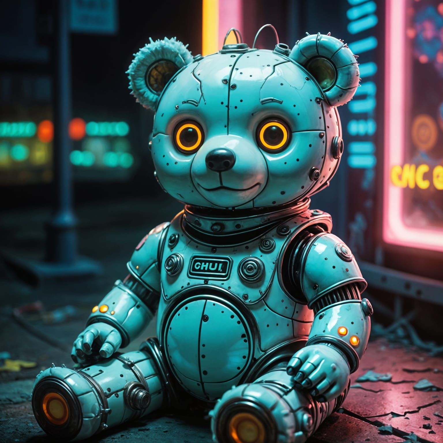 Creepy Evil Teddybear Cyborg in Abandoned Theme Park