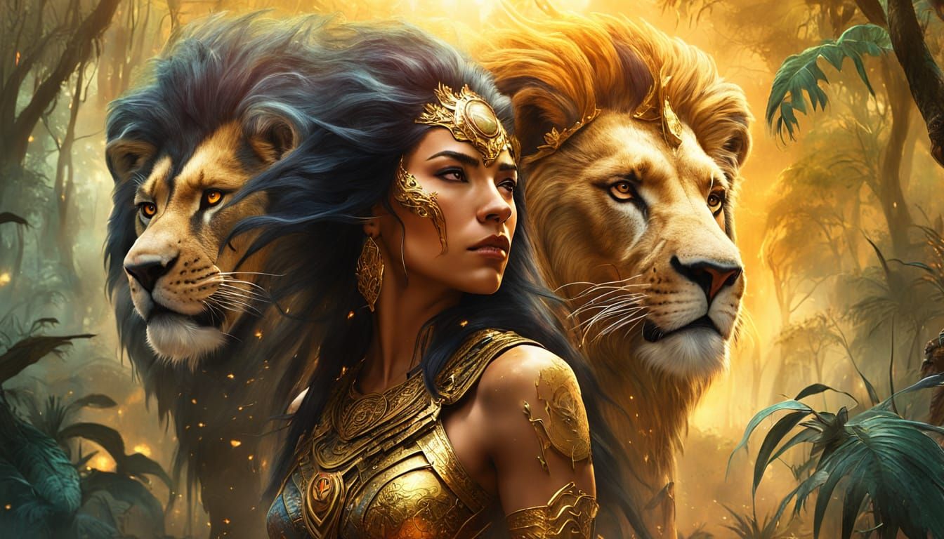 Lion and Warrior in Surreal Fantasy Jungle