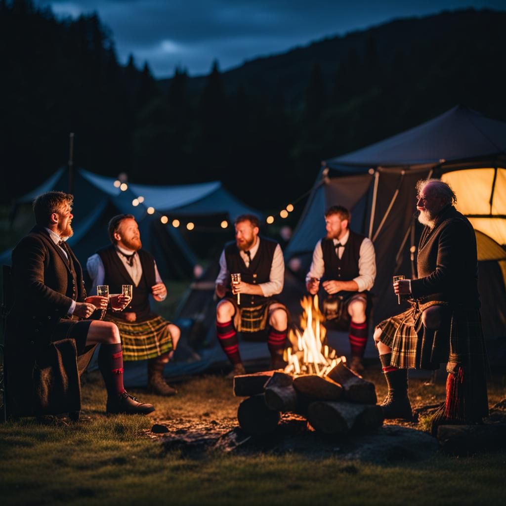 Scottish Campfire Scene with Kilts at Night