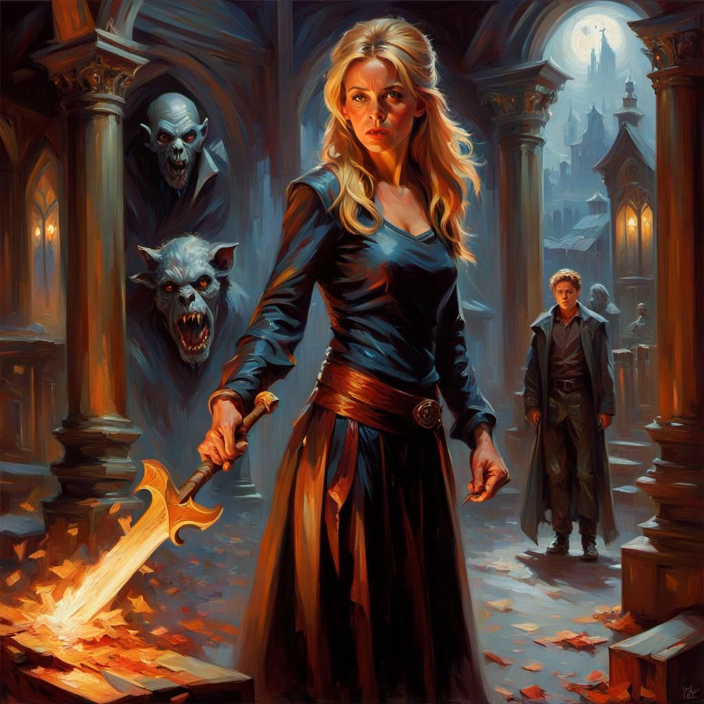 Beautiful badass Buffy the vampire slayer holding onto a wooden stake. Spooky lair with vampires lurking in background....