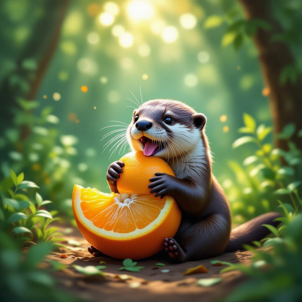 Adorable Otter Eats Giant Orange in Luminous Forest
