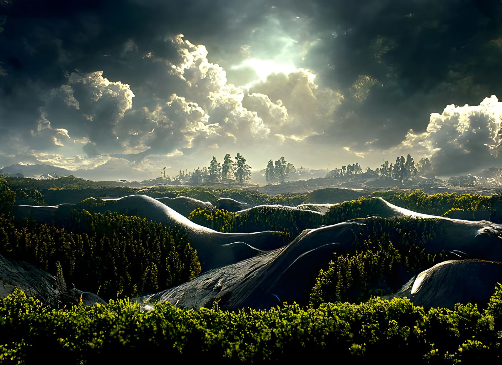 Hyperdetailed Forest Landscape with Crepuscular Rays