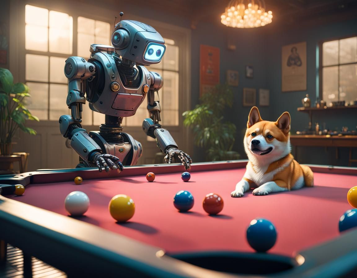 Robot and Shiba Inu Play Pool
