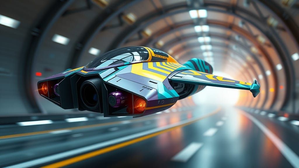 Epic Futuristic Flying Vehicle in a Neon City Tunnel