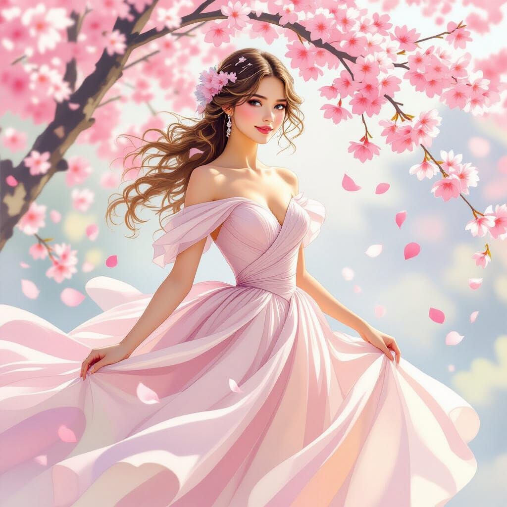 Elegant Woman in Cherry Blossoms, Art Nouveau Style